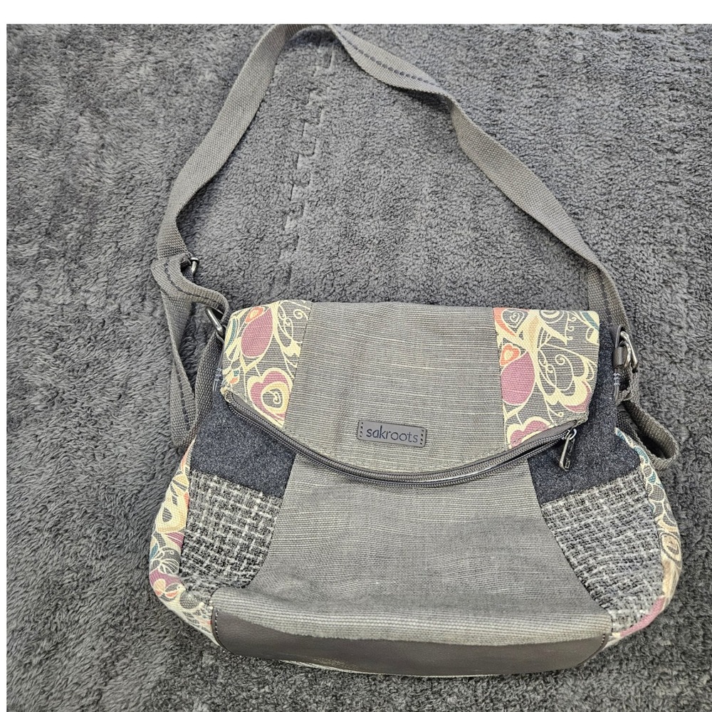 Sakroots Crossbody Bag Women Medium Gray Mixed Media Floral Patchwork Canvas